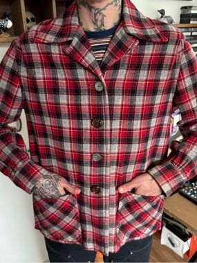 Vintage 50s 60s 49er Wool Plaid Button Down Shirt Jacket ~ Size Medium